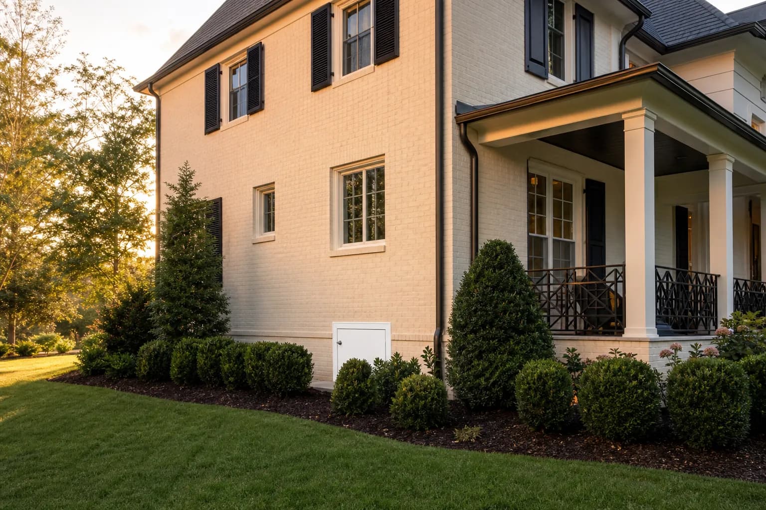 White crawl space door on a painted brick home