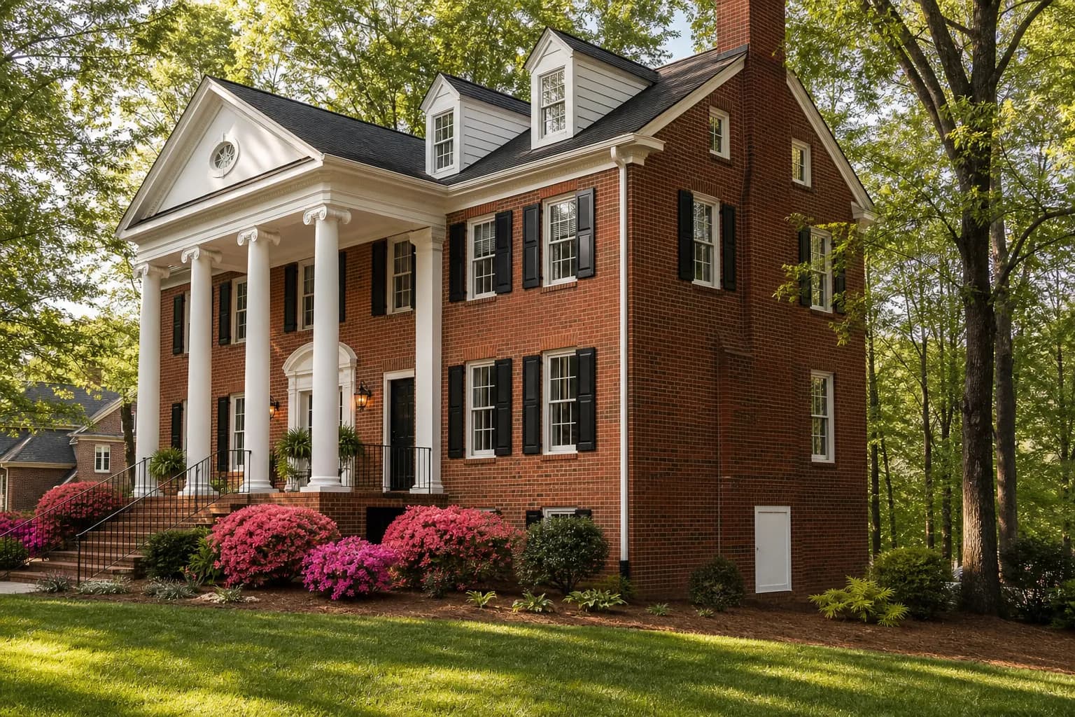 Red brick Southern colonial home with a white crawl space door on the side foundation