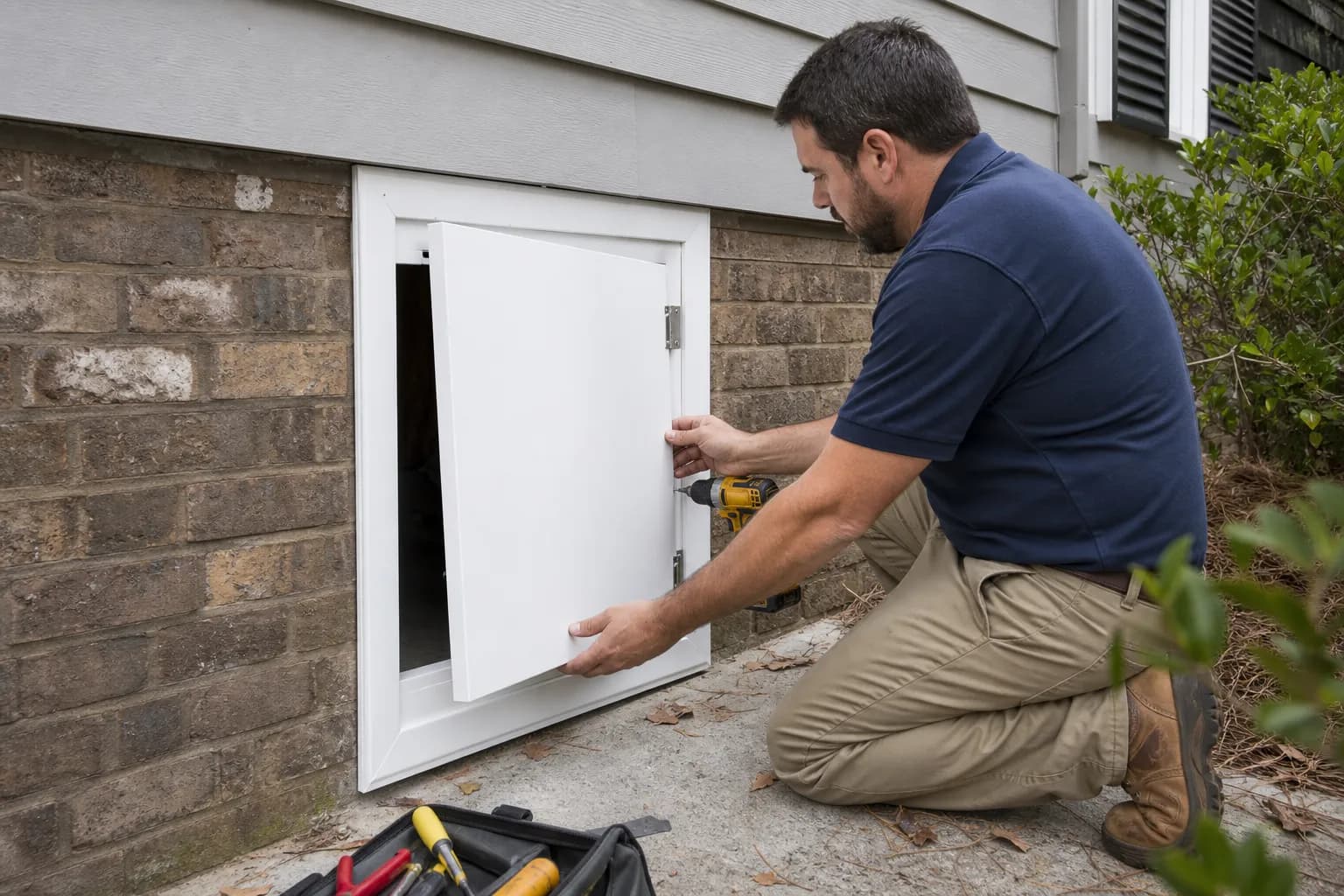 Technician hanging a white crawl space door