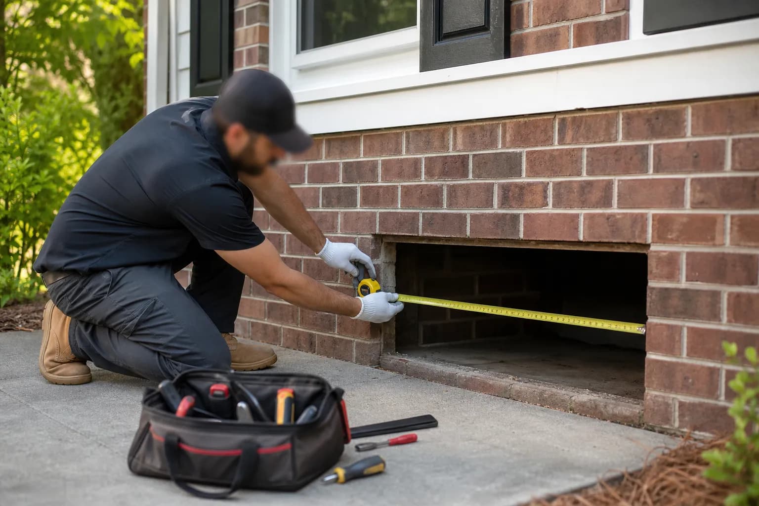 Technician measuring a crawl space opening